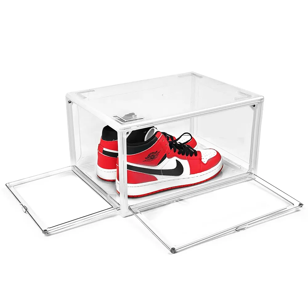 Transparente Acrílico Gota Magnética Lado Porta Aberta Sapato Armazenamento Recipiente Caixa Dobrável Sneaker Organizador Caso para Sapato