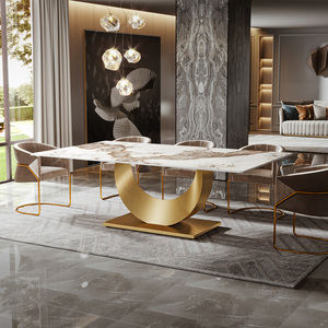 Mesa de comedor de mármol moderna rectangular de alta gama de 2m de largo y 10 plazas con tablero de pizarra Pandora y base dorada de acero inoxidable - Product Image 4