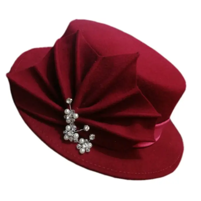 Sombrero de fieltro de lana para mujer, sombrero de cabeza de perla de hoja de arce, elegante, plano, formal, para boda, fiesta de té