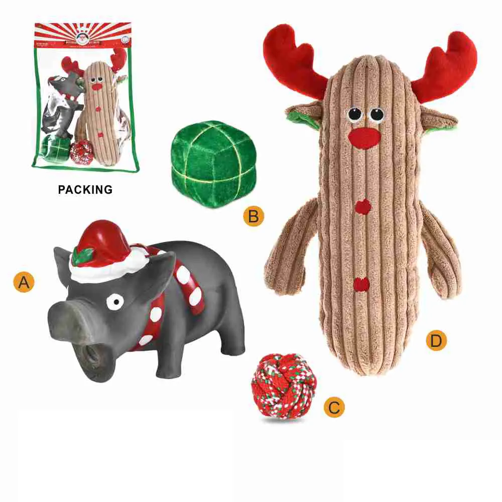 Vinyl squeak big plush elk toy rope ball plush cube Christmas dog toy set gift bag