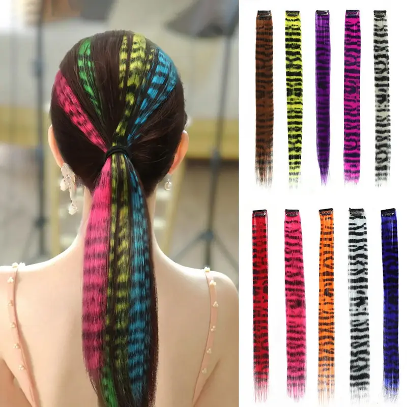 Synthetic Feather Hair Extension Piece One-card Leopard Print Wig Colorful Dyed Long Straight Hair Cushion Clip
