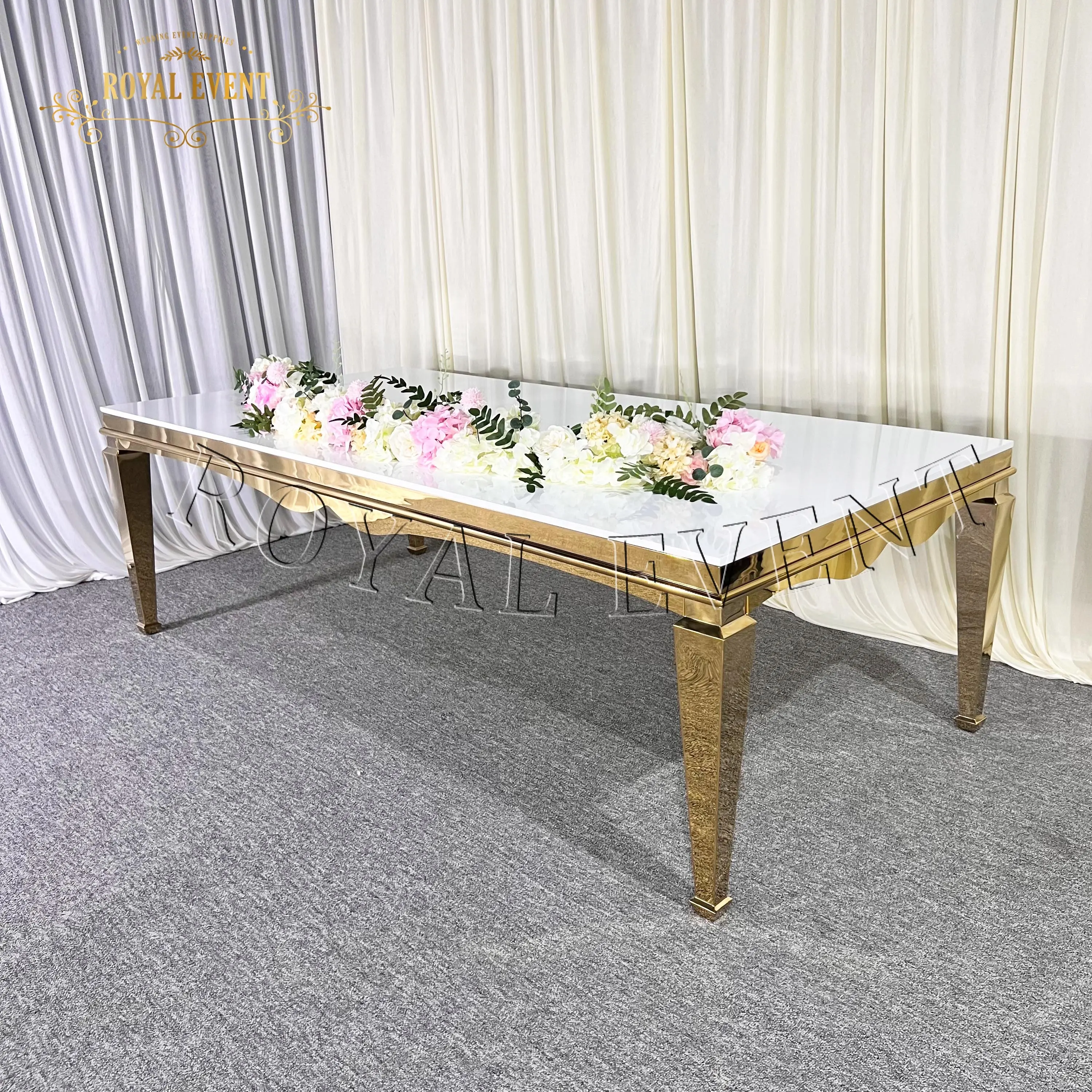 Tavoli da sposa rettangolari in acciaio inossidabile di lusso per Hotel elegante tavolo da pranzo in vetro usato per sposi