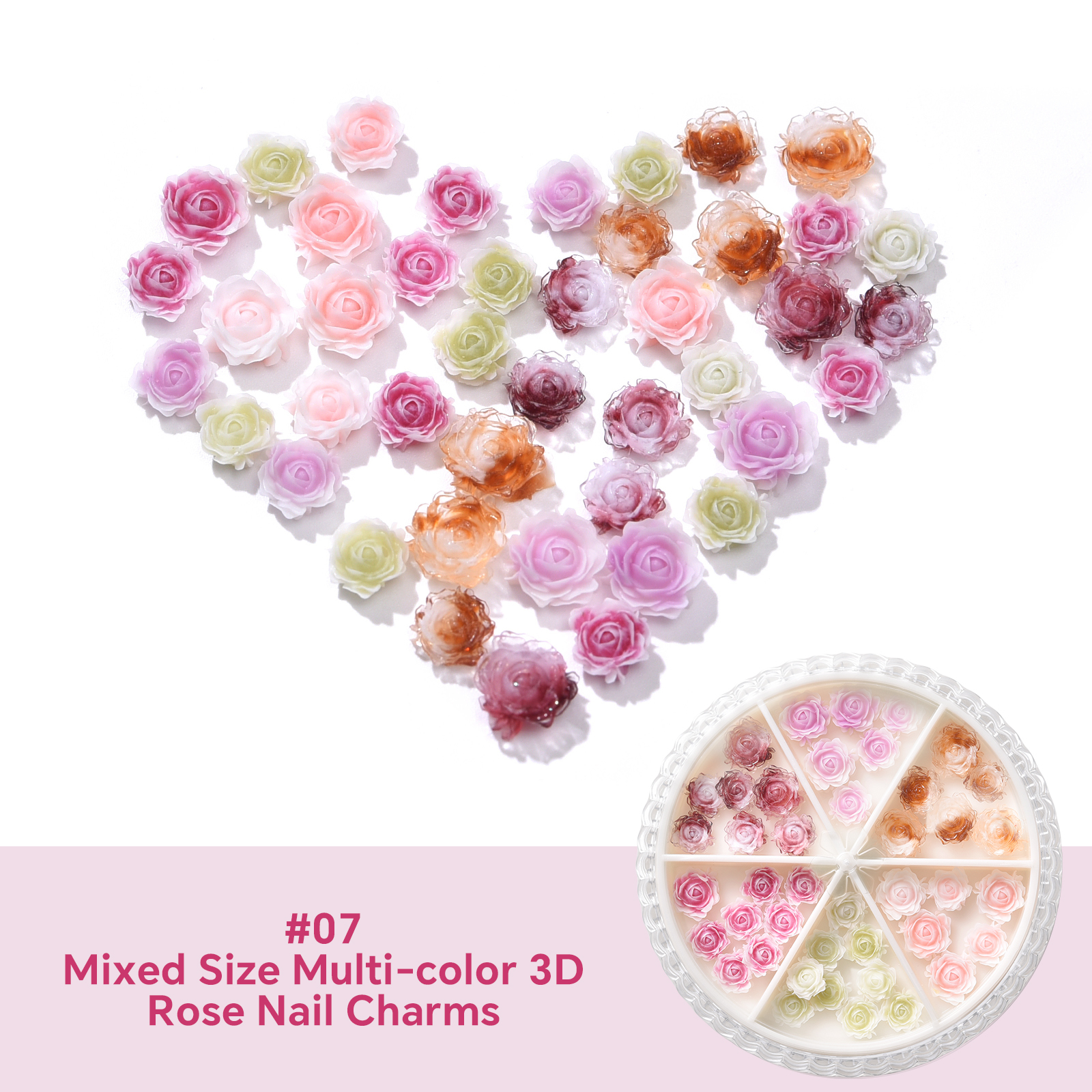 #07 Breloques pour ongles en forme de rose 3D multicolores de tailles variées