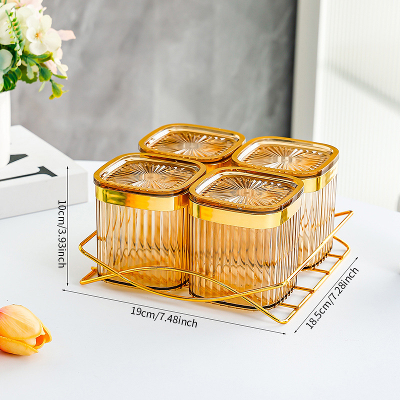 C-shaped shelf, amber-rimmed square airtight jar