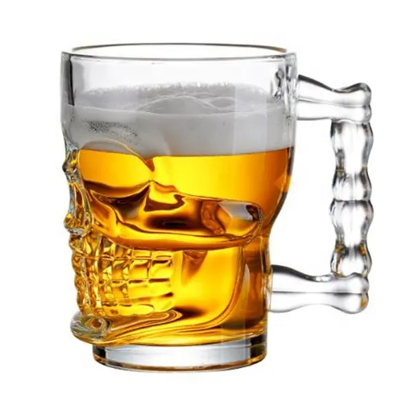 10oz Glass Skull Shape Beer Cup with Handle and Heavy Base for Water, Juice and Halloween Decorations Beverage Gifts