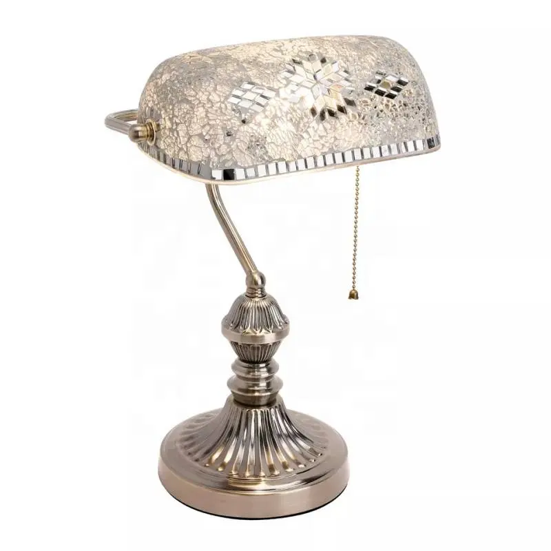 Traditional Antique Brass Bankers Turkish Lamp Tiffany Style White Shade Pulling Chain Switch Moroccan Reading Lamp