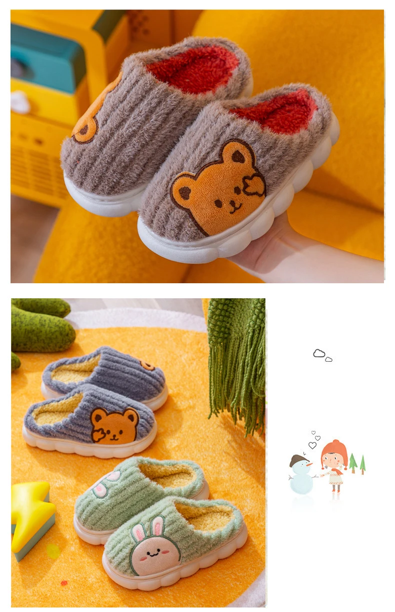 Fashion Girls Boys Fur Slides Cotton Slipper Shoes Children Winter Warm Indoor Slippers