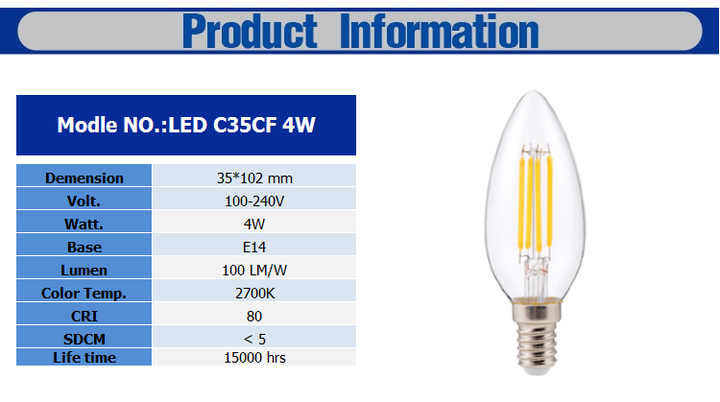 E14 Lampu Bohlam Led Filamen Gaya Edison, Penutup Kaca 4W 220V 120V