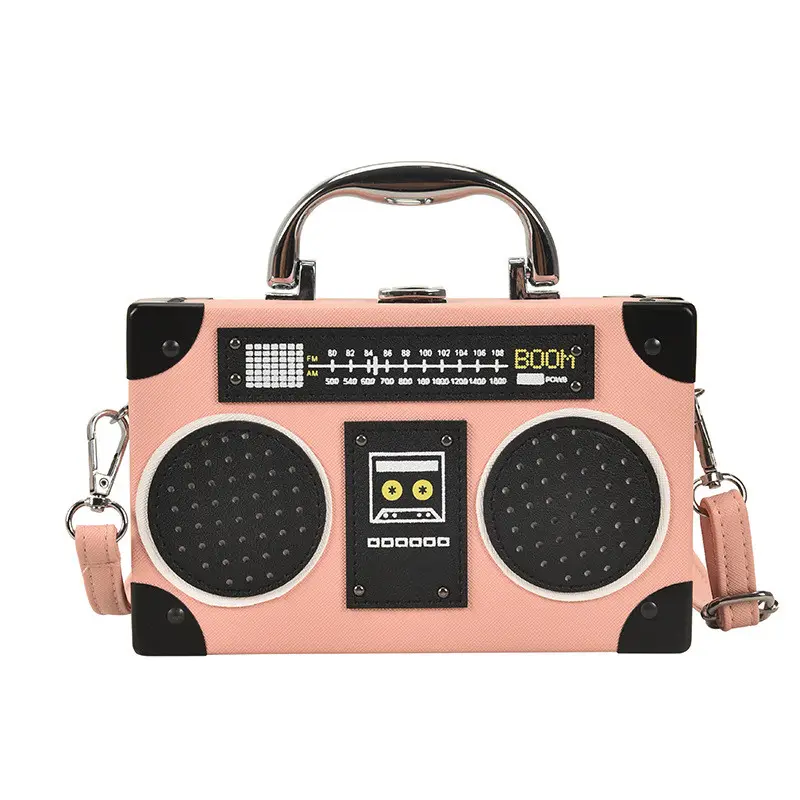 Señoras moda Retro dibujos animados Radio Metal mango número letra bloqueo Metal borde Pu caja Mini bolso mensajero bandolera