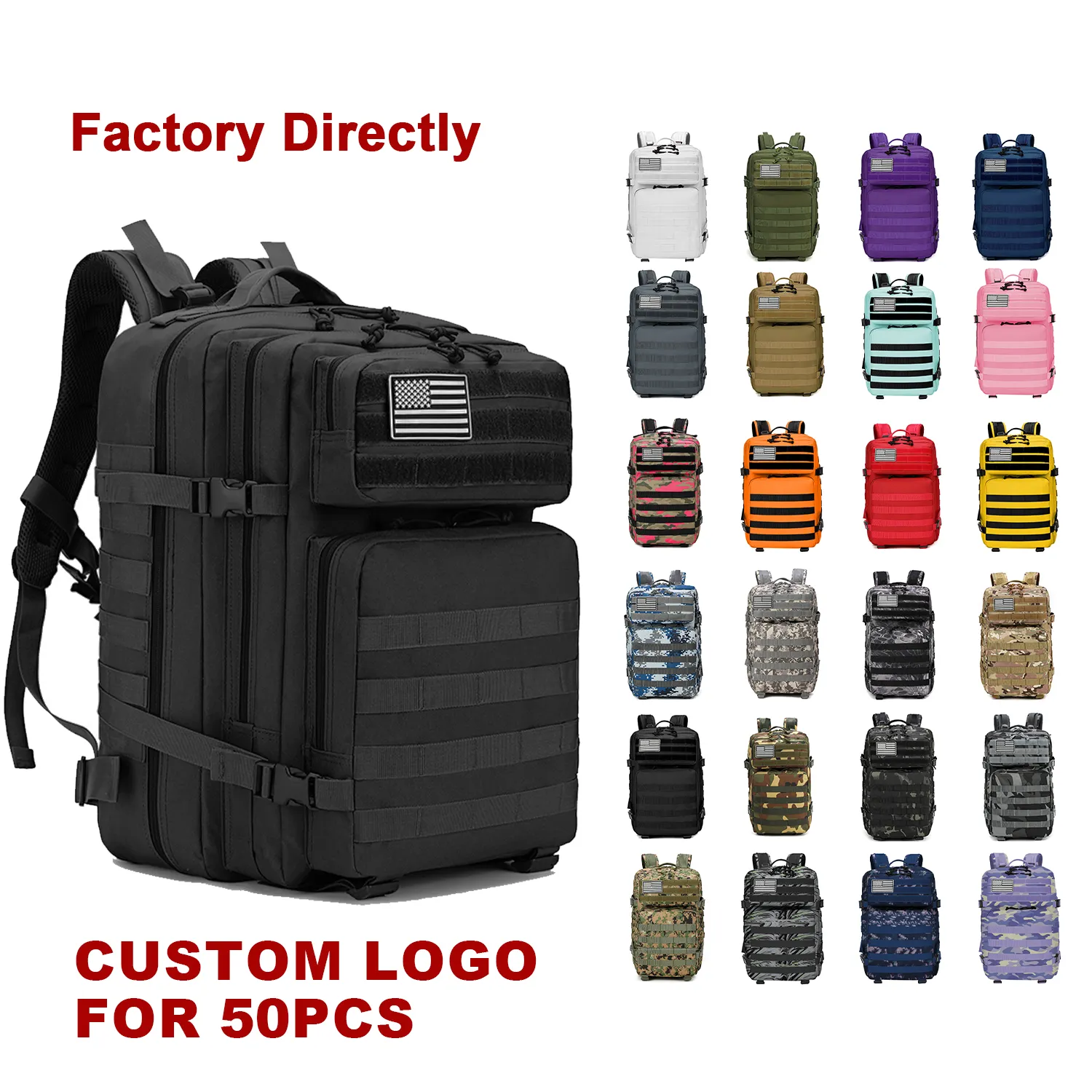 Táctica personalizada de varios colores 900D 45L impermeable Molle bolsa de gimnasio Mochila deportiva camuflaje mochila táctica