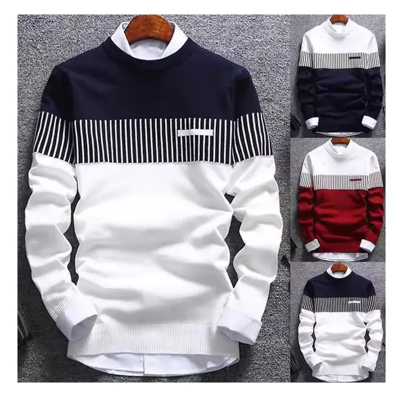 Negócio Por Atacado Barato Personalizado Tripulação Pescoço Inverno Moda Listrado Oversized Casual Acrílico Algodão dos homens Pullover Camisola De Malha