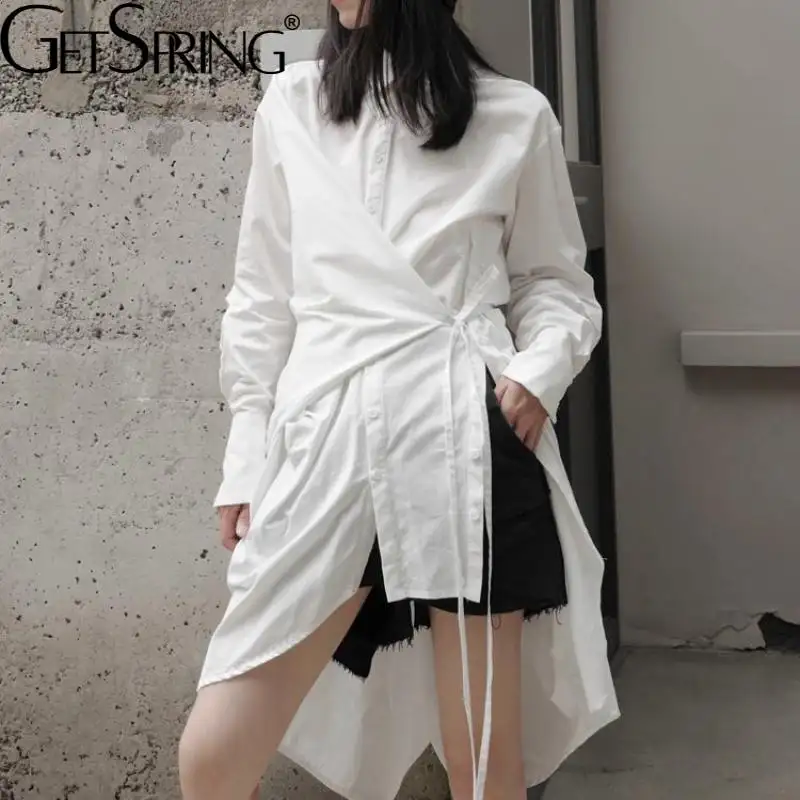 Getspring-vestido asimétrico de manga larga para mujer, vestidos de algodón blanco y negro, informal, 2021