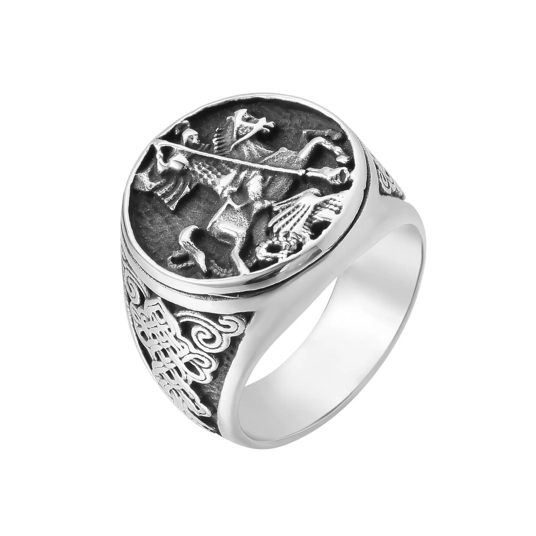 Nuevo diseño Vintage joyería de acero inoxidable Dragon Killer St. George anillo religioso para hombres