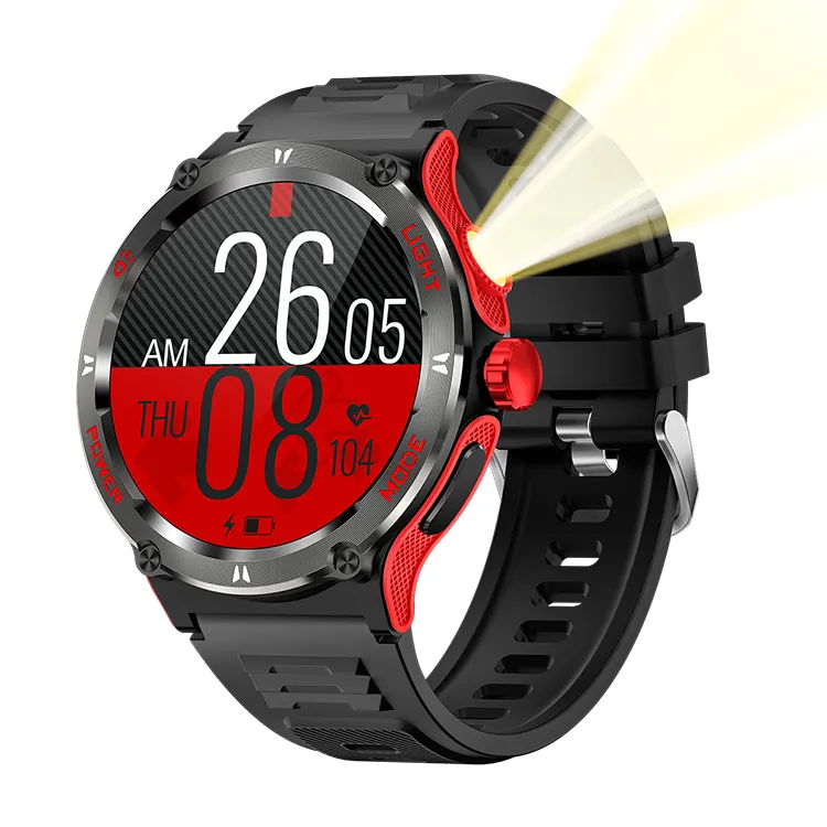 1.53inch Exercise Recording Heart Rate Track Men Wrist Watches Compass KT76 Smart Sports Watch with Ultra Powerful Flashlight