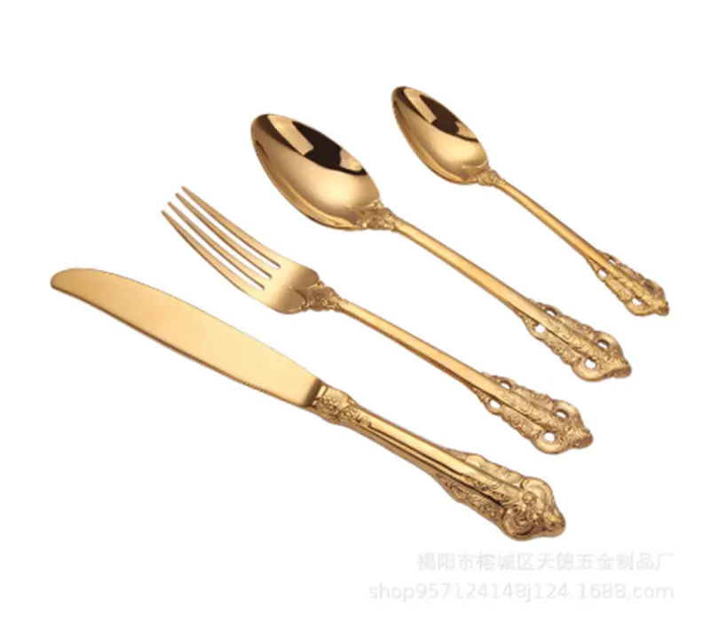 Juegos de cubiertos de acero inoxidable de alta calidad personalizables, juego de cubiertos dorados de lujo con cuchillo, tenedor y cuchara