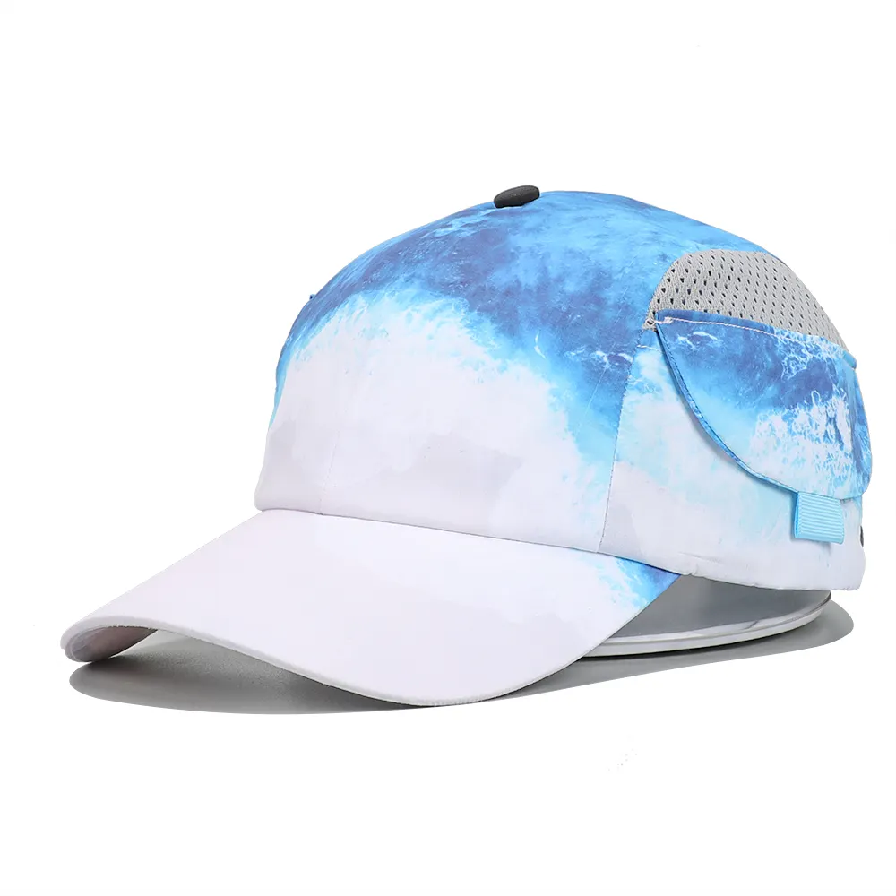 Especial surf diseño personalizado 100% poliéster 4 Panel de agua de mar azul impresión bolsillo sombrero de béisbol Cap