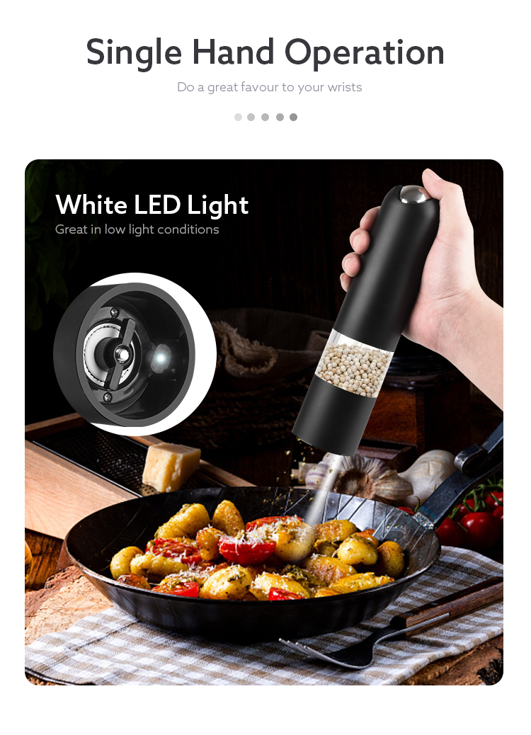 6 AAA batteries operated electric pepper grinder salt mill with white LED light