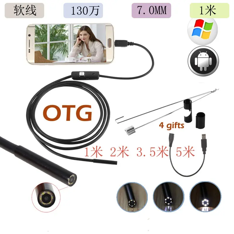 Duct endoskop ponsel USB Android, kamera terpasang pipa endoskopi industri 7mm 1m 2m 5m