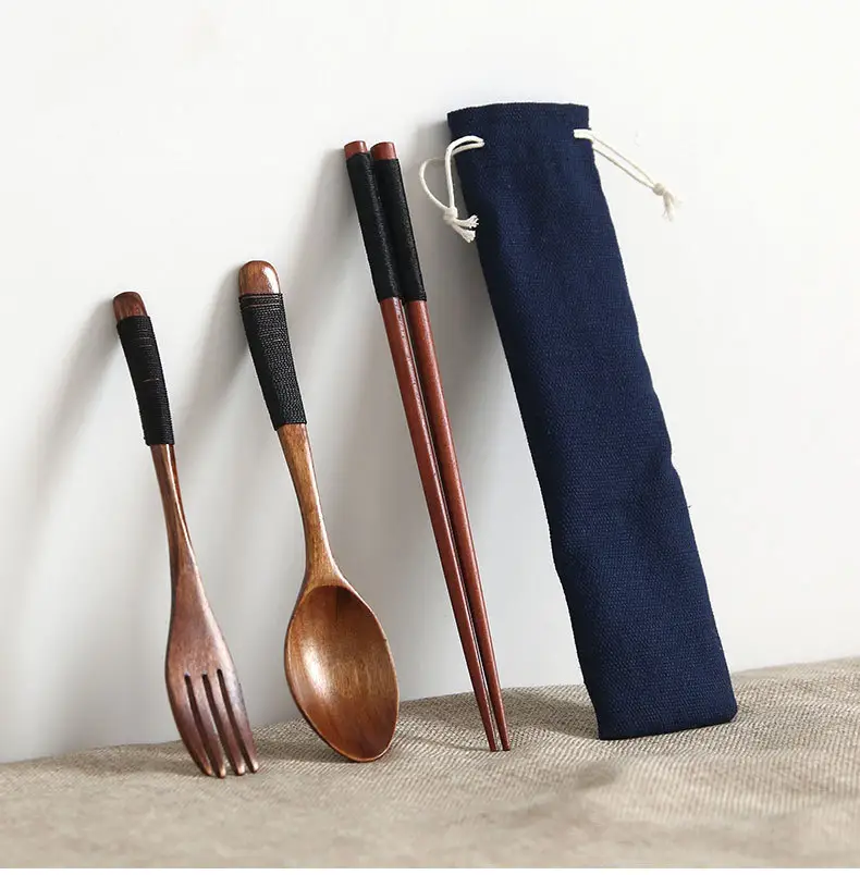 Posate riutilizzabili in linea legata forchetta in legno cucchiaio bacchette stoviglie da viaggio posate posate in legno
