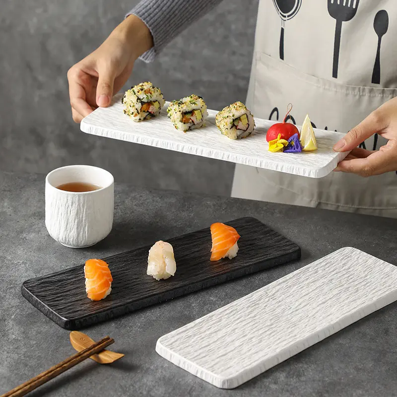 Vajilla de porcelana rectangular esmerilada en blanco y negro con textura de roca, bandeja para servir comida, plato de gres japonés, plato de Sushi de cerámica