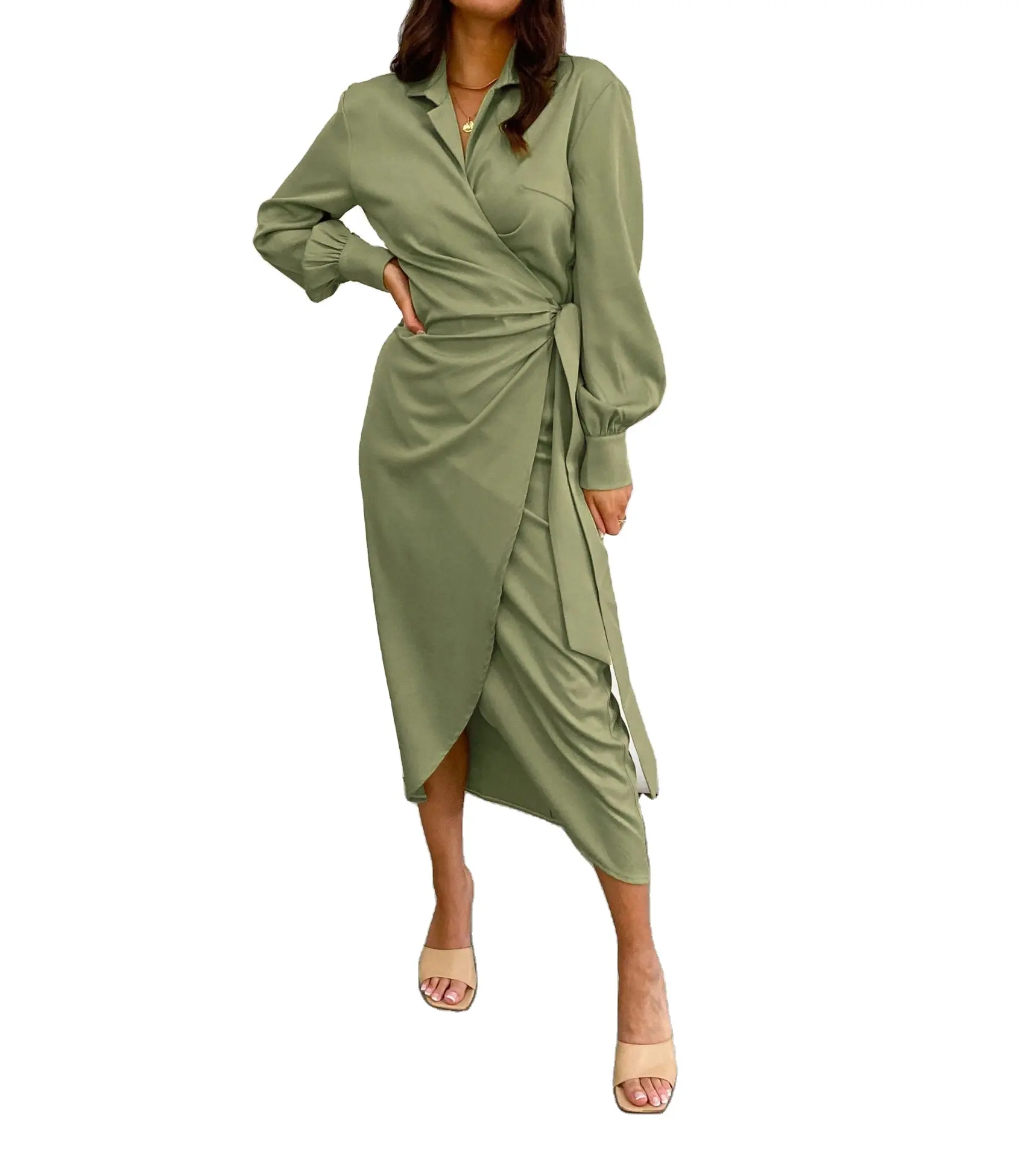 Lancai Womens 패션 디자인 긴 소매 랩 타이 미디 허리 벨트 프론트 슬릿 오피스 드레스