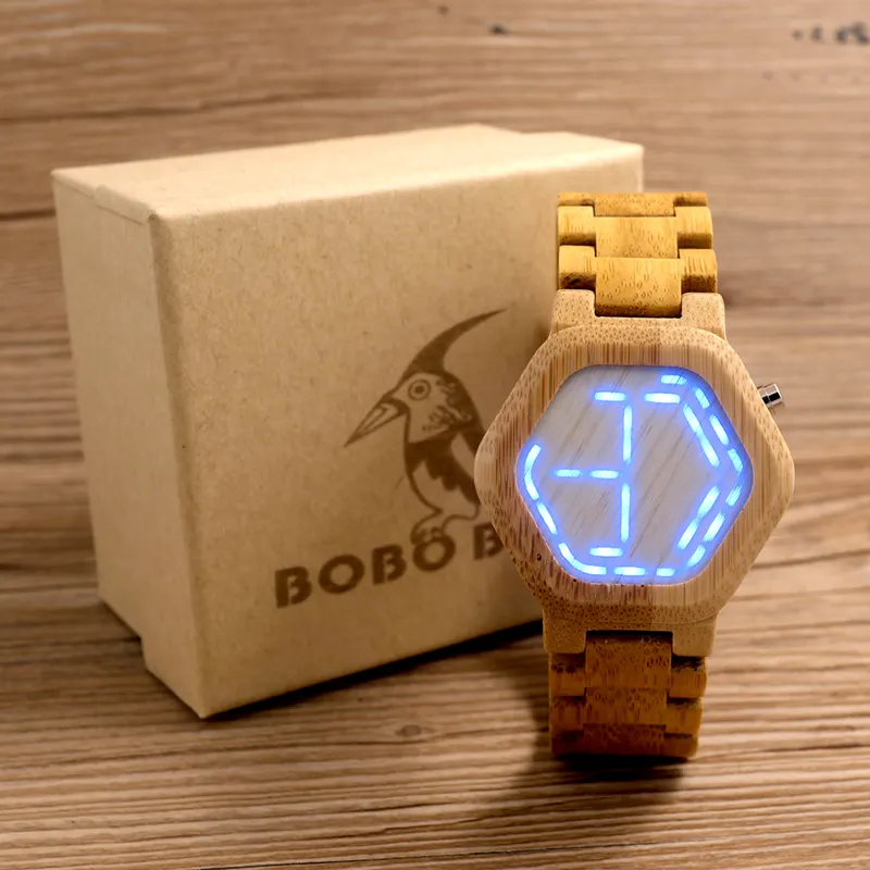 Fábrica Venta caliente de los hombres reloj de madera dropshipping. Exclusivo. De china diseño su propio reloj LED reloj de madera de Bambú