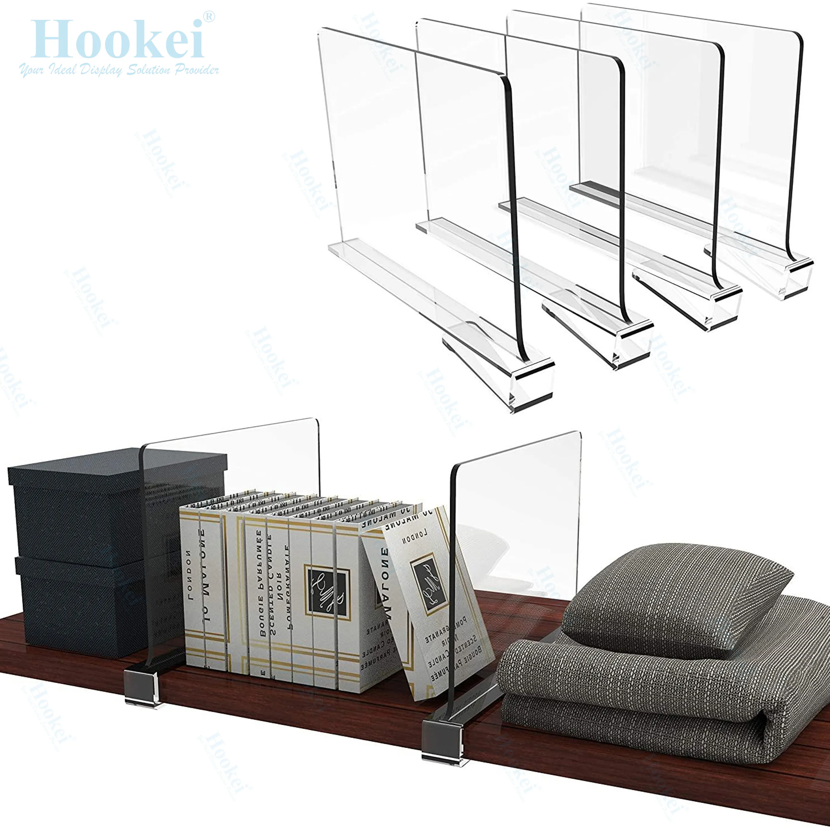 Divisor acrílico transparente, separador para prateleira de madeira e organizador de roupas, perfeito para armários de cozinha e quarto