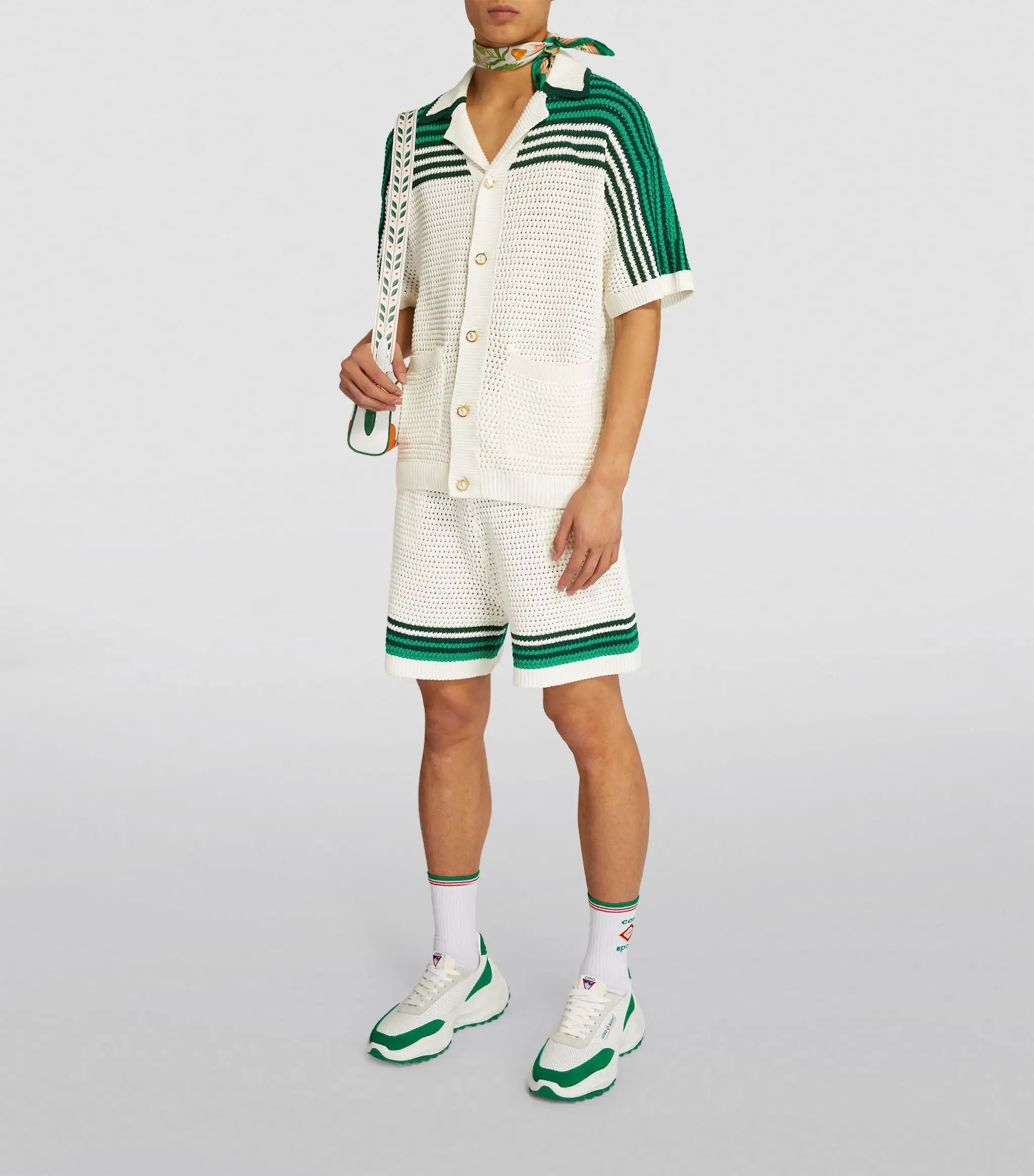 Özel moda erkek pamuk triko hırka yeşil ve beyaz cepler ile kısa kollu şort erkek örme gömlek