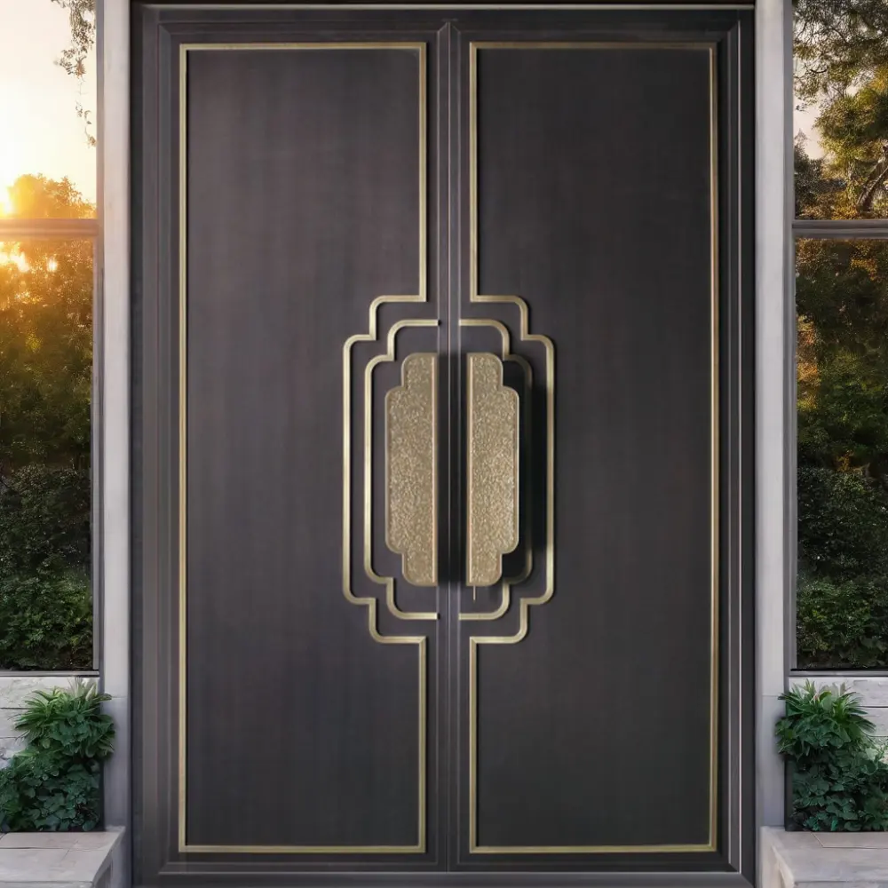 Luxus YT-T09 Eingangstür mit Doppelzug elegant stahlfinish modernes Design Messingstreifen Haus Front Äußere Luxus-Eingangstür