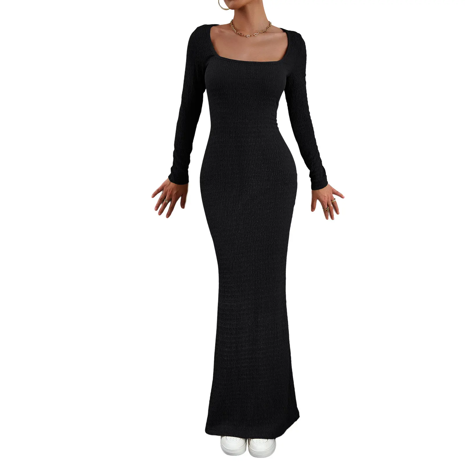 DAMOCHIC Vollarm-Maxi-Kleid Damen Lady elegant lässig Herbst langes Kleid solide Farbe Schaufel Hals Duppe Bodycon-Kleider 2024