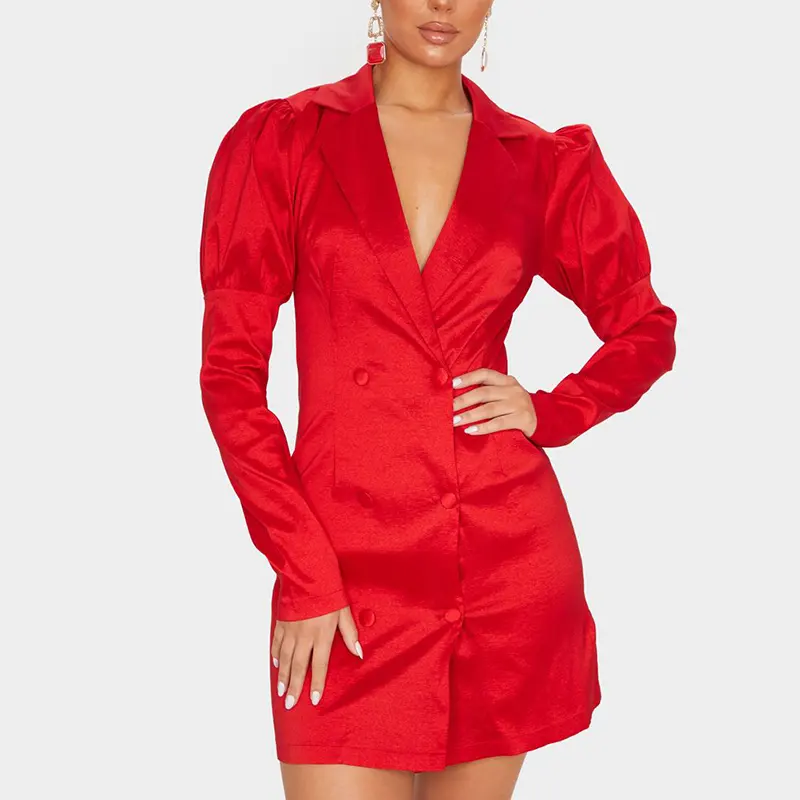 2020 Red Woven Lapel Collar Puff Sleeve Blazer Dress Women Office Suits Ladies