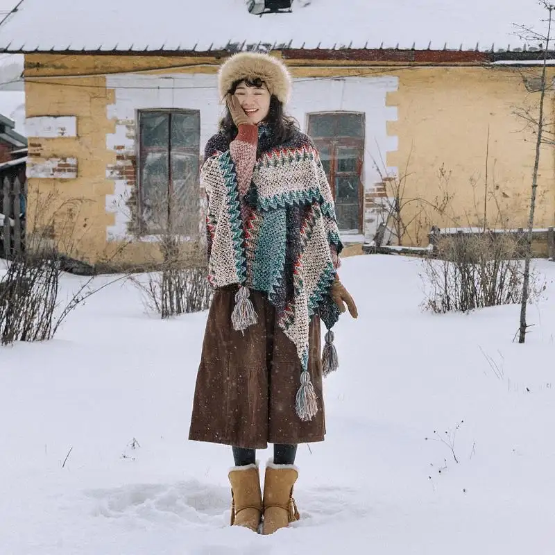 Châles longs de voyage, Poncho à rayures colorées, Style bohème, écharpe chaude, avec glands, pour femmes, collection