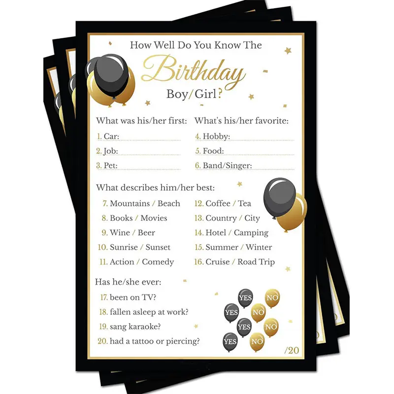Custom Printing Double Sided Birthday Party Games How Well Do You Know The Birthday Boy or Girl Game Cards
