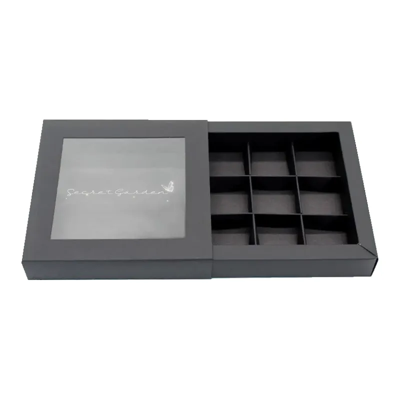 Scatola di imballaggio di cioccolato a 9 griglie nera stampata personalizzata con finestra trasparente e inserto scatola regalo per cassetti