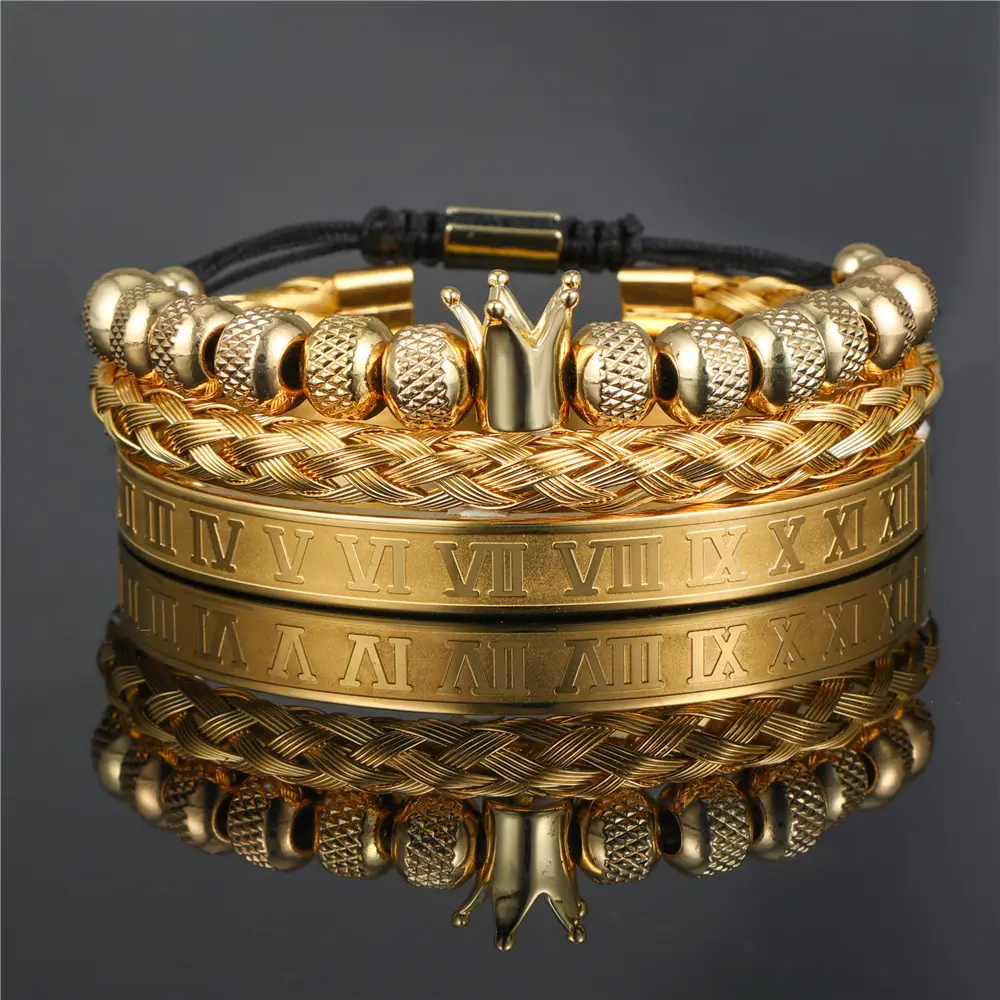 3 Pcs/Set Bracelet pour homme en acier inoxydable avec couronne en or Bracelet gravé avec numéro Micro Pave Cz Crown Beaded Braided Macrame Bracelets