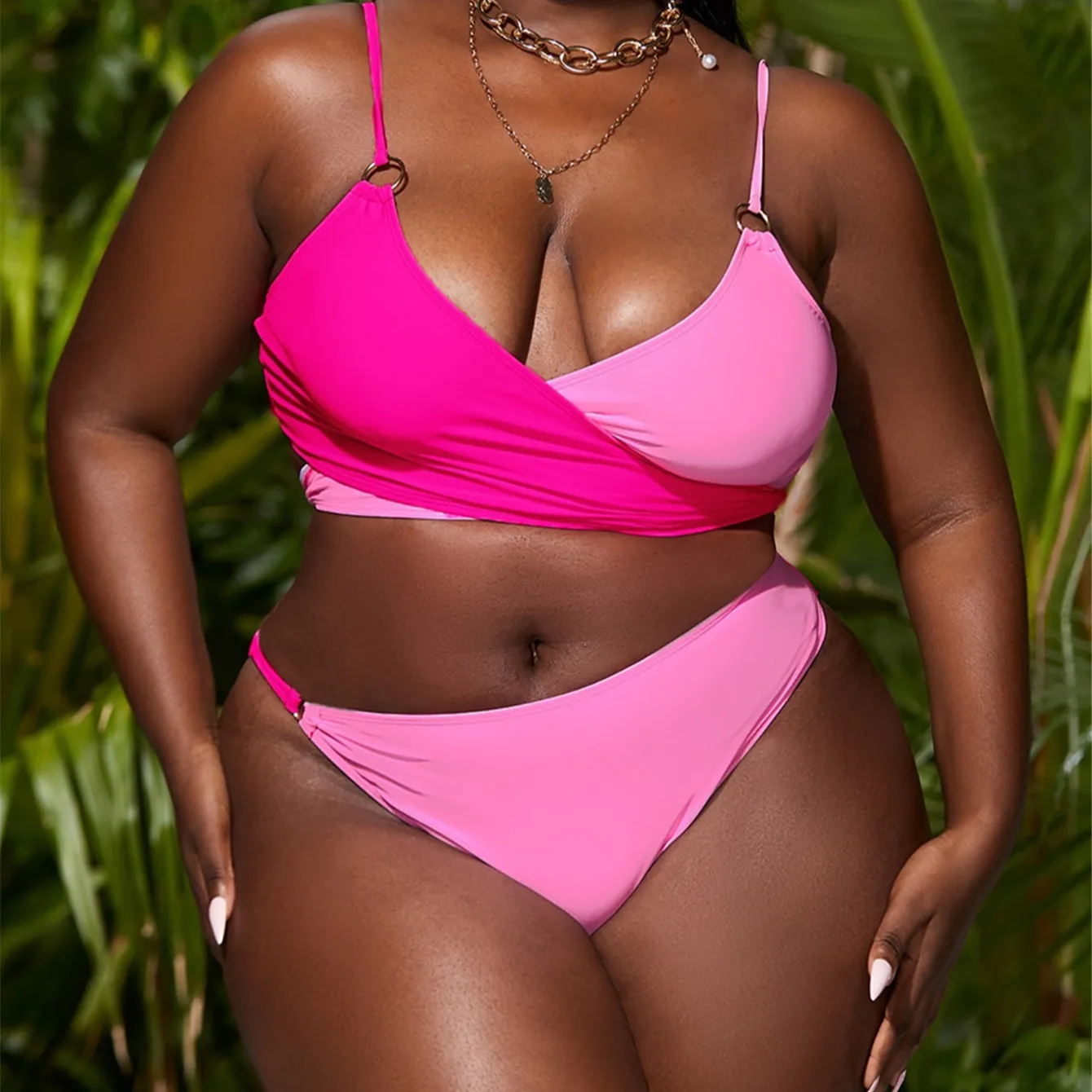New Summer Plus Size Sexy Girl Pink Two Pieces High Cut Padded Push Up Swimwear Swimsuits Bathing Suits Bikini Set For Fat Women