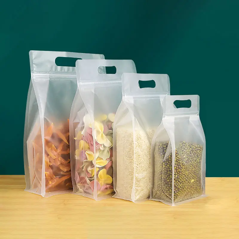 أكياس بلاستيكية مسطحة القاع مخصصة أكياس تخزين المكسرات الغذائية شفافة بسحاب إغلاق ذاتي أكياس مع مقبض
