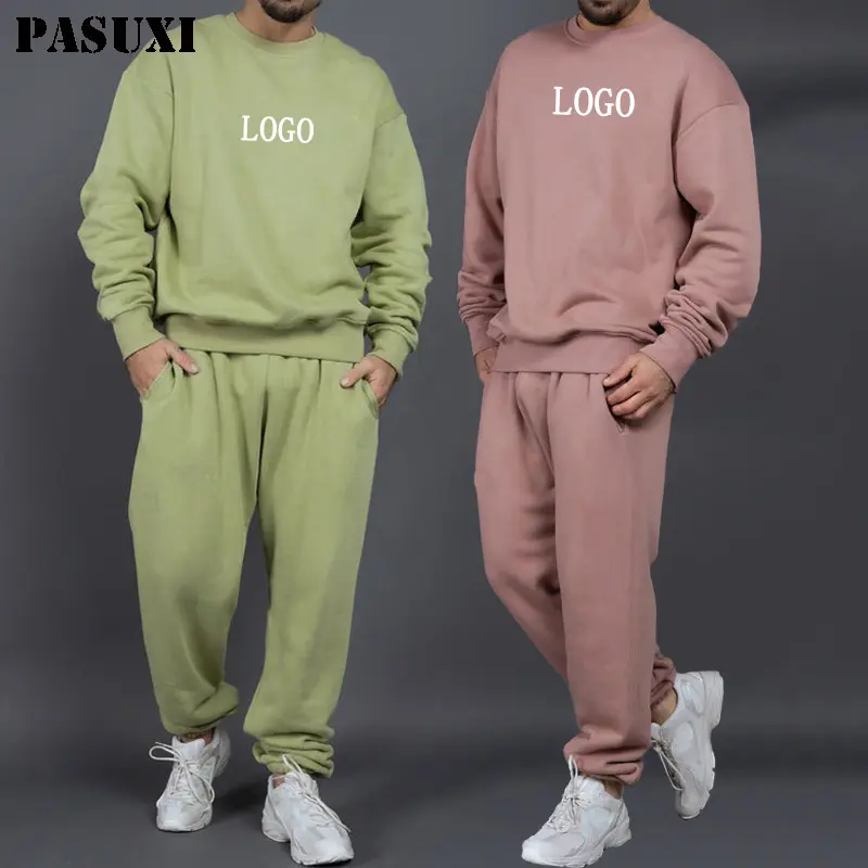 PASUXI toptan özel Logo erkekler düz eşofman koşu Jogger Suit Set bisiklet yaka kazak erkekler 2 iki parçalı pantolon seti