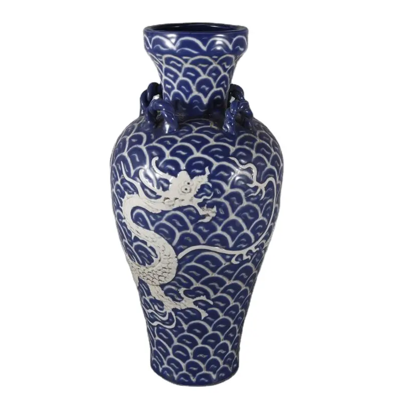 Florero de cerámica antiguo para decoración del hogar, jarrón de cerámica con diseño de dragón esmaltado azul de la antigua, de estilo popular