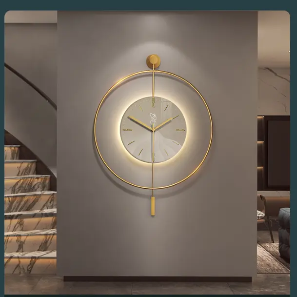 Horloge murale moderne à pendule surdimensionnée avec lumière LED ronde métal fer Art simple créativité Quartz motif salon Placement