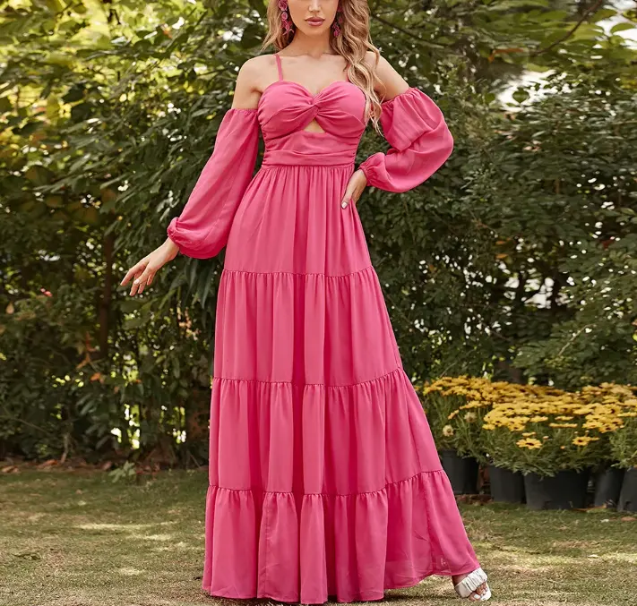 2023 Dongguan Yili Mode Sommer Sweet Pink Beach Kleid Plus Size Damen bekleidung Langarm Maxi Damen Freizeit kleider