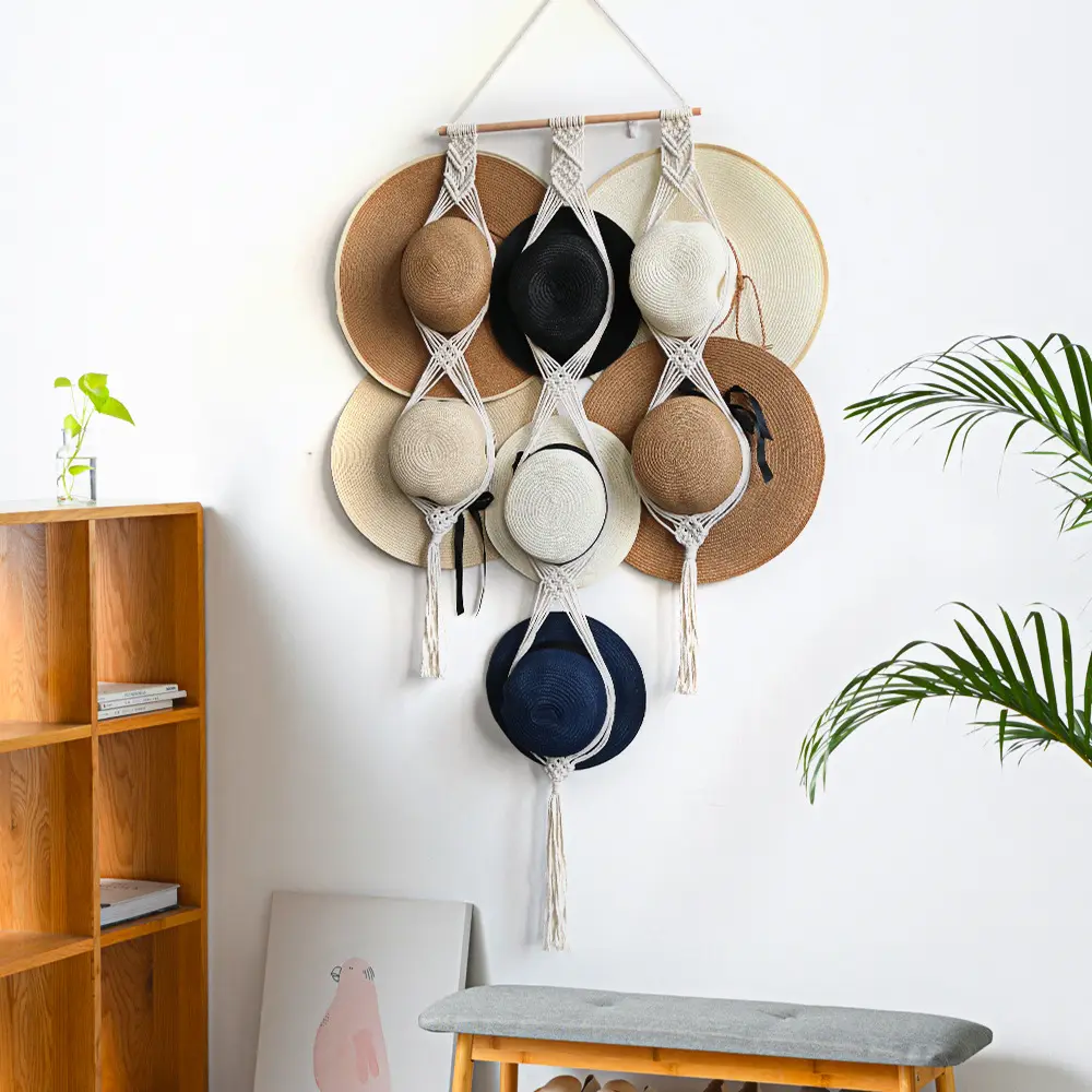 Stile nordico Boho cotone appeso tappi porta Organizer Display sciarpa portaoggetti in macramè arazzo cappello appendiabiti da parete