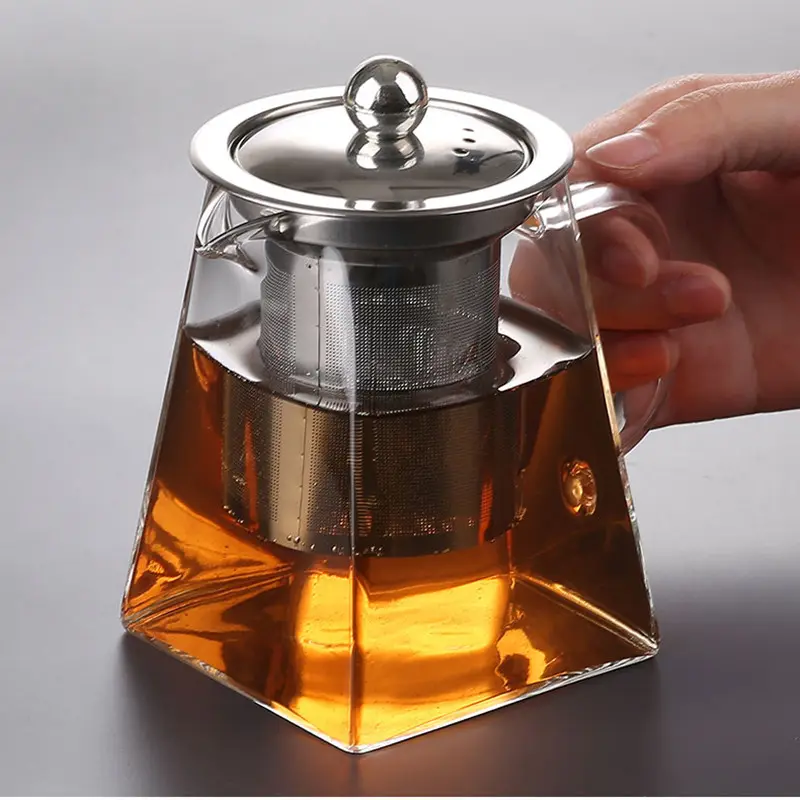 Farklı boyutlarda kare temizle borosilikat cam çaydanlık paslanmaz çelik llid ve çıkarılabilir demlik