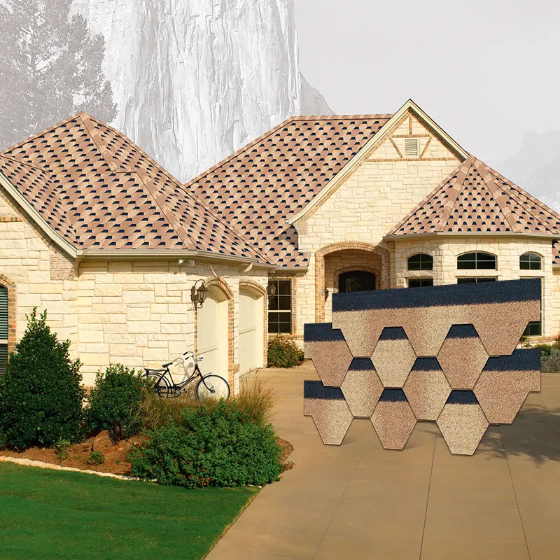 Nova chegada telhas personalizadas tipo deserto ouro mosaico telhas de asfalto para casa e cabana