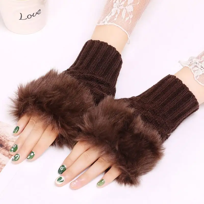 Groothandel Vrouwen Gebreide Faux Konijnenbont Wanten Breien Arm Vingerloze Handschoenen Winter Gebreide Warmer Handschoen