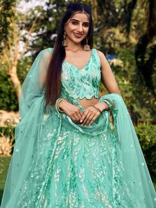 ゴージャスなターコイズブルーネットLehenga複雑な糸刺繍入り作品限定インドスタイルソフト素材 - Product Image 5