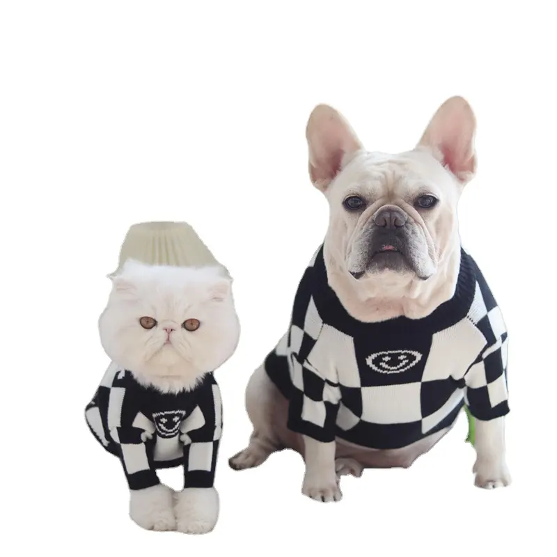 Pet Dog Knitted Sweater Tide Brand Black and White Checkerboard Pullover Fashion Casual Clothing for Small Medium-sized Dog Cat