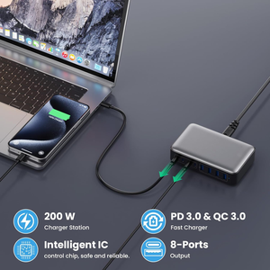 4A + 4C hızlı şarj 200W USB C şarj bloğu yükseltilmiş GaN 8-Port hızlı şarj istasyonu Hub PD 65W dizüstü şarj adaptörü - Product Image 4