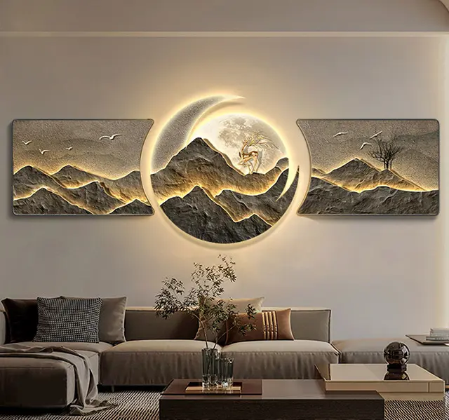 Luz montanhas de luxo com pássaros porcelana moderna vidro parede pintura parede arte 3 peças com led home decor para sala de estar