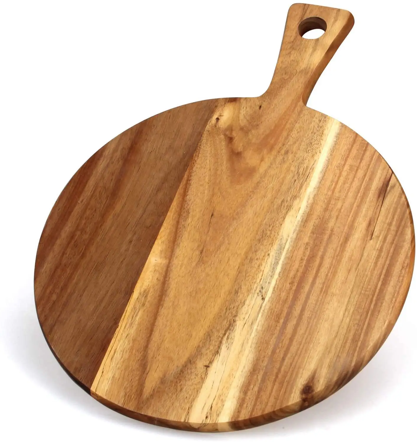 wholesale big large acacia wood kitchen eco-friendly safe round pizza paddle cutting board with handle